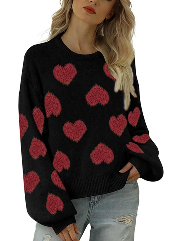 Sweaters- Fall in Love with Loose Fit Valentine’s Day Jacquard Sweater- - IndioGear Fashion and Gear