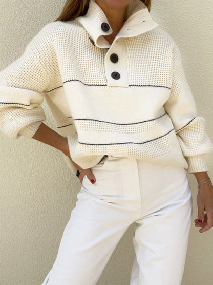 Fancy Button-Up High Neck Stripe Waffle Knit Sweater | Sweaters | Pekosa Women Clothing