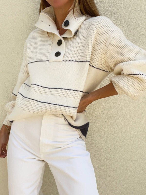 Fancy Button-Up High Neck Stripe Waffle Knit Sweater | Sweaters | Pekosa Women Clothing