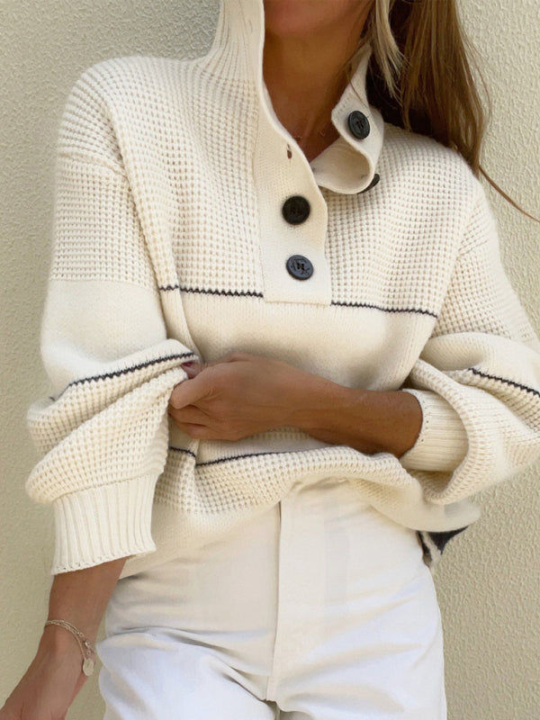 Fancy Button-Up High Neck Stripe Waffle Knit Sweater | Sweaters | Pekosa Women Clothing