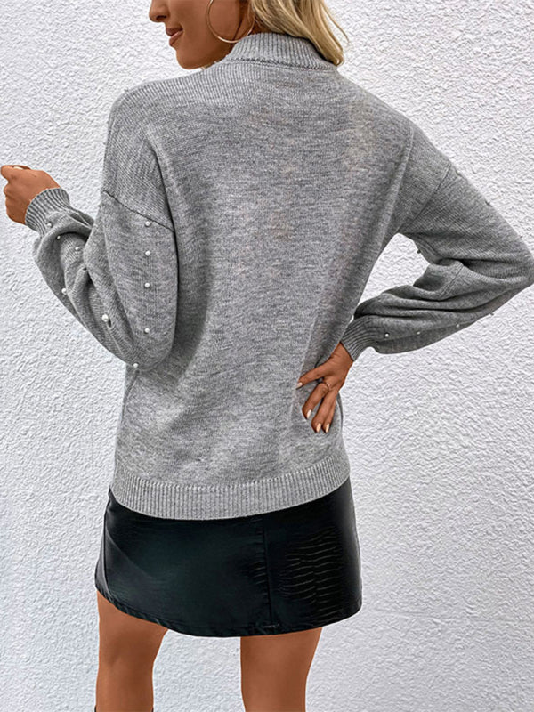 Sweaters- Faux Pearls Mock Neck Sweater- - IndioGear Fashion and Gear