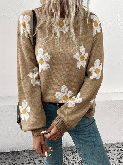 Floral Knitted Drop Shoulder Lantern Sleeve Sweater Jumper | Sweaters | Pekosa Women Clothing