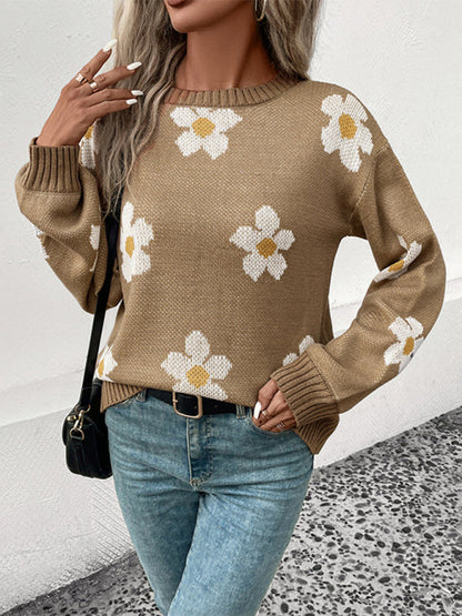 Floral Knitted Drop Shoulder Lantern Sleeve Sweater Jumper | Sweaters | Pekosa Women Clothing