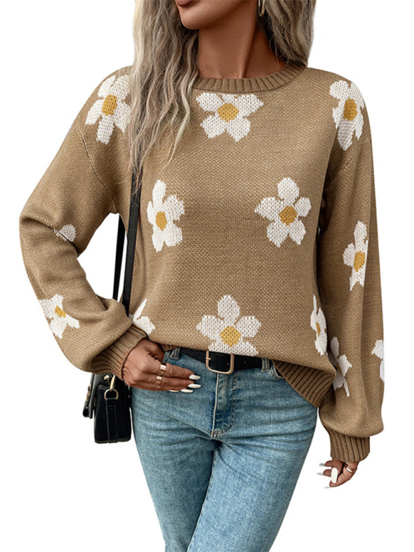 Floral Knitted Drop Shoulder Lantern Sleeve Sweater Jumper | Sweaters | Pekosa Women Clothing