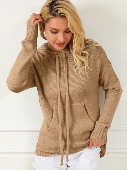 Sweaters-Hooded Kangaroo Pocket Knit Sweater | Hoodie Jumper-Pekosa Women Clothing