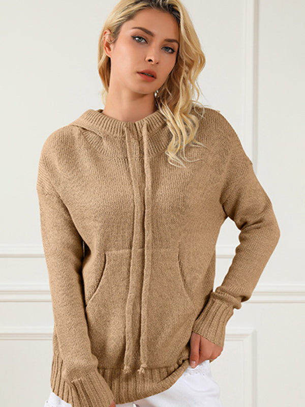 Sweaters-Hooded Kangaroo Pocket Knit Sweater | Hoodie Jumper-Pekosa Women Clothing