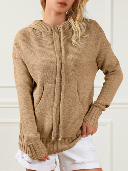 Sweaters-Hooded Kangaroo Pocket Knit Sweater | Hoodie Jumper-Pekosa Women Clothing