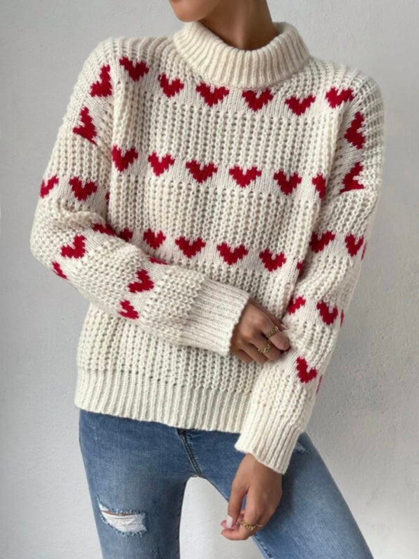 Sweaters- Jacquard Love Knit Turtleneck Sweater- Cream- IndioGear Fashion and Gear