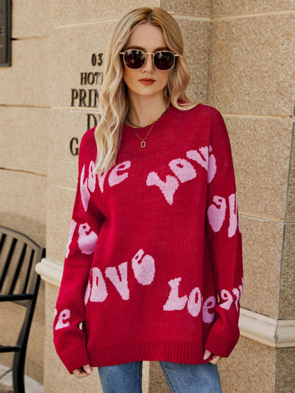 Sweaters-Jacquard Love-themed Sweater for Valentine's Day | Knit Jumper-Pekosa Women Clothing