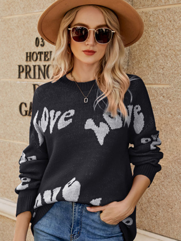 Sweaters-Jacquard Love-themed Sweater for Valentine's Day | Knit Jumper-Pekosa Women Clothing