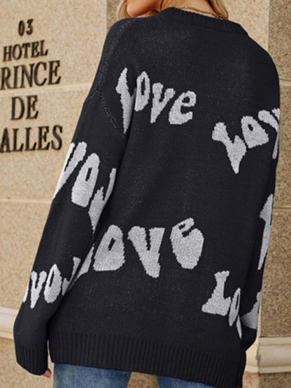 Sweaters-Jacquard Love-themed Sweater for Valentine's Day | Knit Jumper-Pekosa Women Clothing