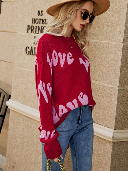 Sweaters-Jacquard Love-themed Sweater for Valentine's Day | Knit Jumper-Pekosa Women Clothing