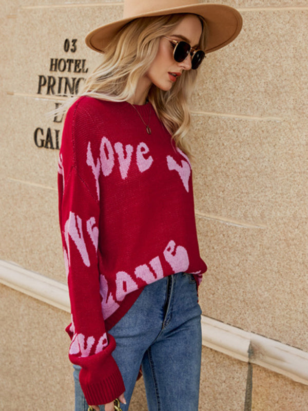 Sweaters-Jacquard Love-themed Sweater for Valentine's Day | Knit Jumper-Pekosa Women Clothing