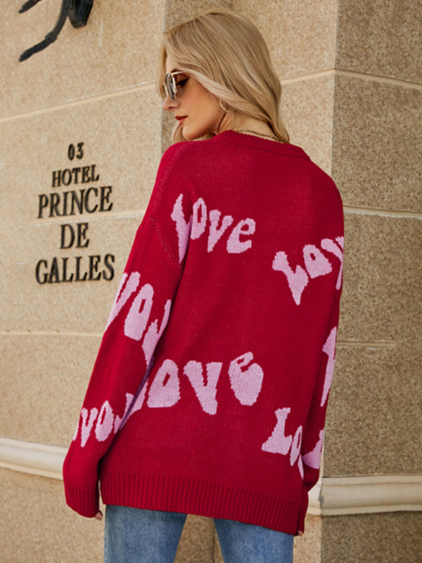 Sweaters-Jacquard Love-themed Sweater for Valentine's Day | Knit Jumper-Pekosa Women Clothing