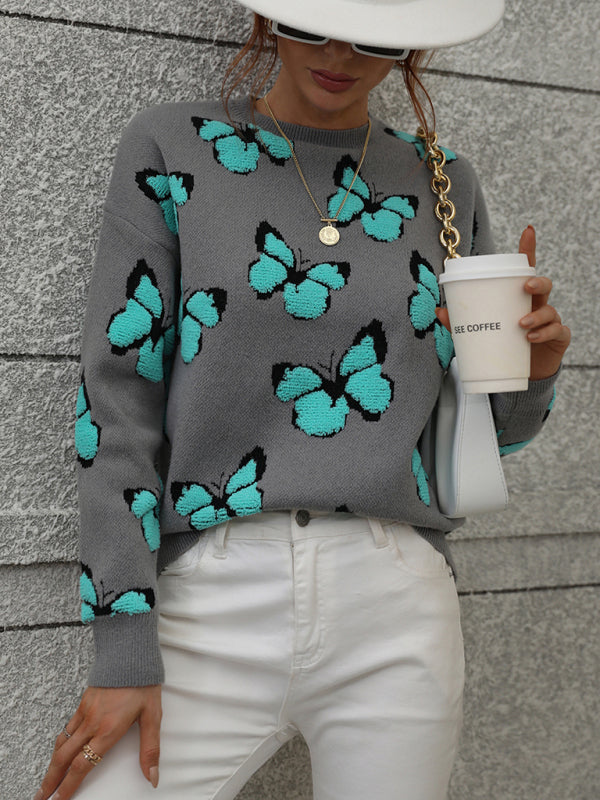 Knit Butterfly Dropped Shoulder Crewneck Sweater Jumper | Sweaters | Pekosa Women Clothing