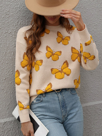 Knit Butterfly Dropped Shoulder Crewneck Sweater Jumper | Sweaters | Pekosa Women Clothing