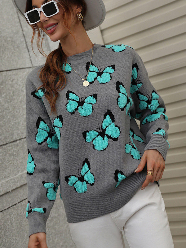 Knit Butterfly Dropped Shoulder Crewneck Sweater Jumper | Sweaters | Pekosa Women Clothing