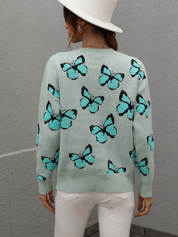 Knit Butterfly Dropped Shoulder Crewneck Sweater Jumper | Sweaters | Pekosa Women Clothing