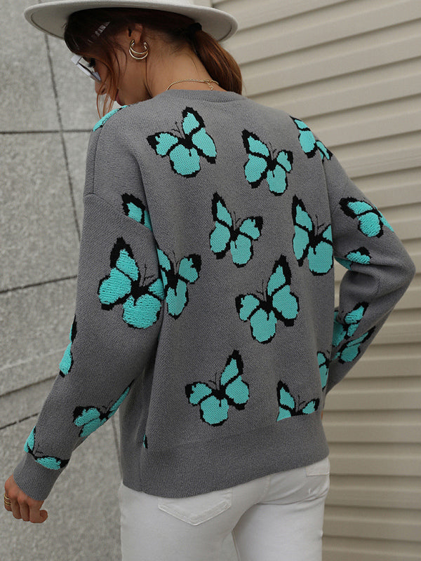 Knit Butterfly Dropped Shoulder Crewneck Sweater Jumper | Sweaters | Pekosa Women Clothing