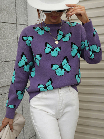 Knit Butterfly Dropped Shoulder Crewneck Sweater Jumper | Sweaters | Pekosa Women Clothing