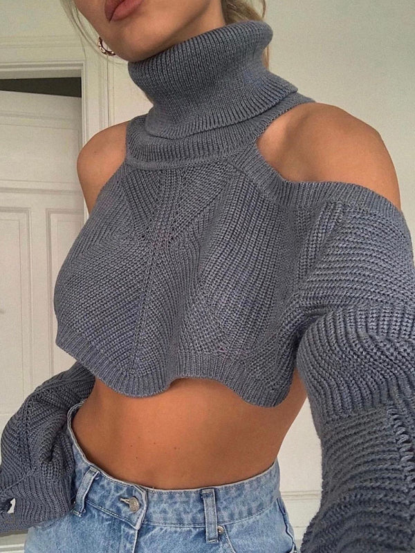 Sweaters- Knit Cold Shoulder Turtleneck Bolero Sweater- Grey- IndioGear Fashion and Gear