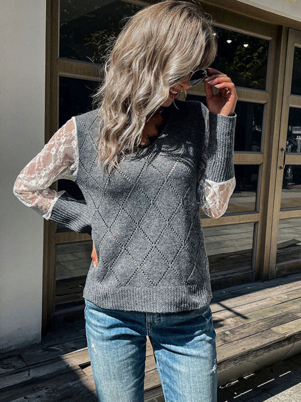 Sweaters- Knitted Diamond Lace Patchwork V-Neck Sweater- - IndioGear Fashion and Gear