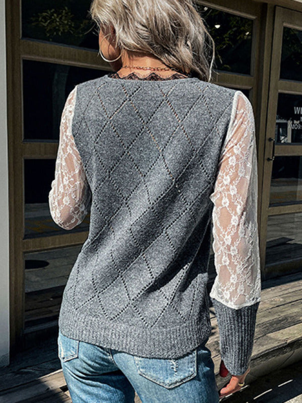 Sweaters- Knitted Diamond Lace Patchwork V-Neck Sweater- - IndioGear Fashion and Gear