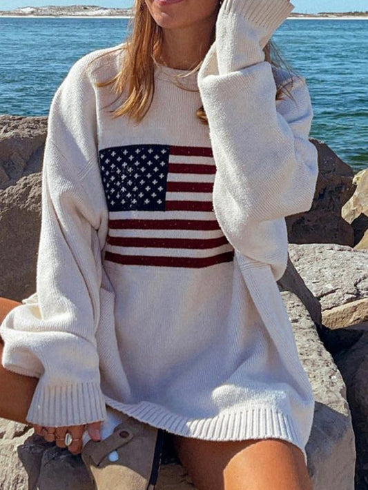 Sweaters- Knitting American Flag Patriot Sweater- White- IndioGear Fashion and Gear