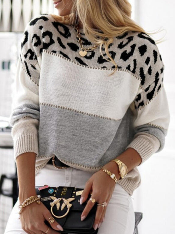 Sweaters- Leopard Knit Patchwork Boat Neck Sweater- - IndioGear Fashion and Gear