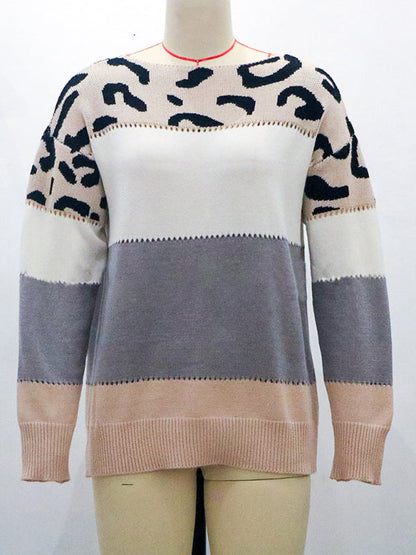 Sweaters- Leopard Knit Patchwork Boat Neck Sweater- - IndioGear Fashion and Gear