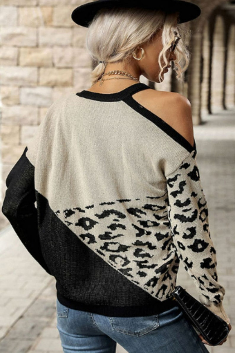 Sweaters- Leopard Knitted Cold Shoulder Sweater- - IndioGear Fashion and Gear