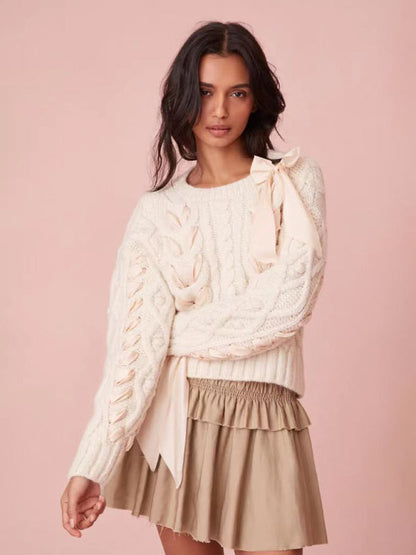 Sweaters- Lovely Knot Romantic Cable Knit Braid Bow Crop Sweater- - IndioGear Fashion and Gear