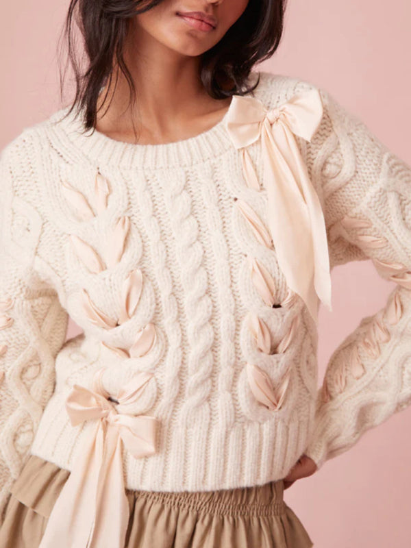 Sweaters- Lovely Knot Romantic Cable Knit Braid Bow Crop Sweater- - IndioGear Fashion and Gear