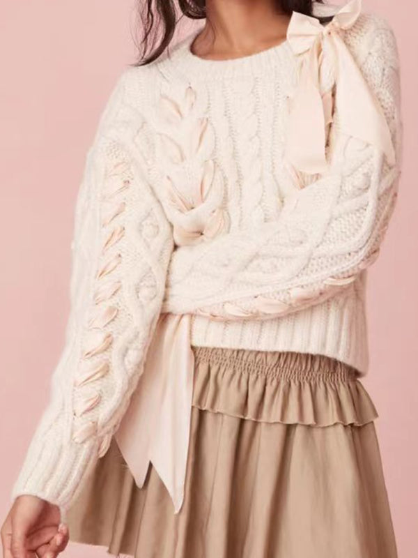 Sweaters- Lovely Knot Romantic Cable Knit Braid Bow Crop Sweater- White- IndioGear Fashion and Gear