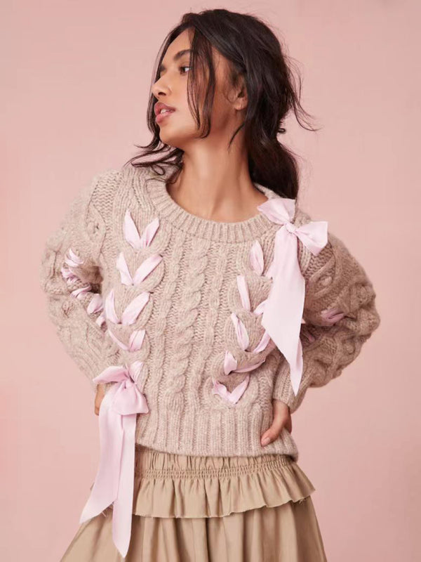 Sweaters- Lovely Knot Romantic Cable Knit Braid Bow Crop Sweater- - IndioGear Fashion and Gear