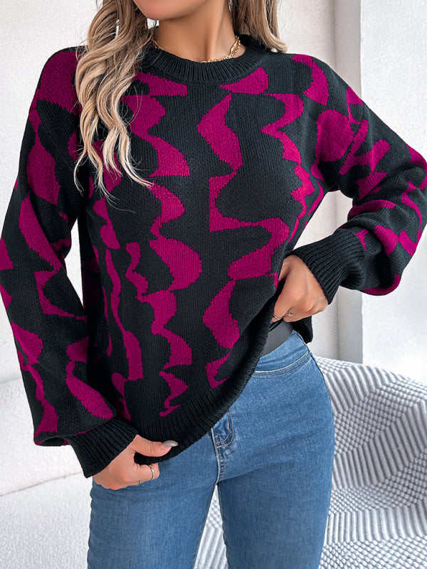 Sweaters- Modern Abstract Knit Pullover Sweater for Fall/Winter- Rose- IndioGear Clothing and Gear