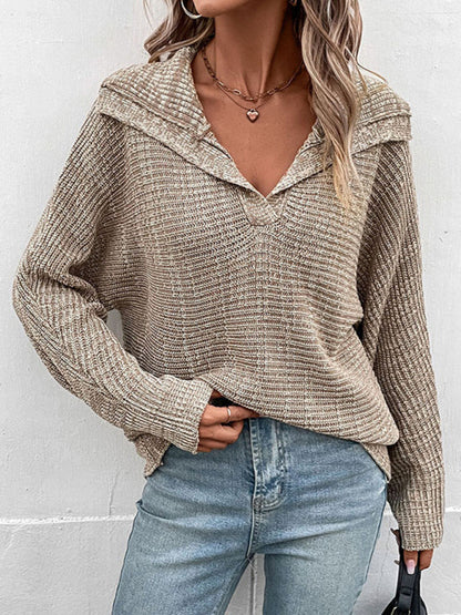 Sweaters- Notch Collar Knit Sweater - Drop Shoulders Pullovers- - IndioGear Fashion and Gear