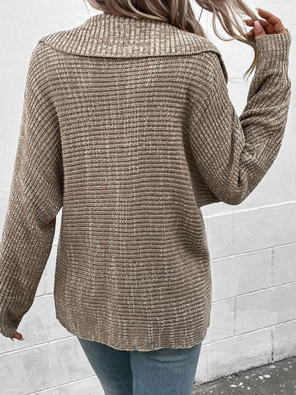 Sweaters- Notch Collar Knit Sweater - Drop Shoulders Pullovers- - IndioGear Fashion and Gear