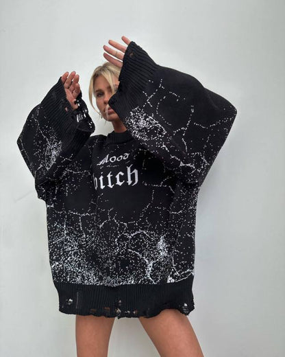 Sweaters- Oversized Distressed Knit Sweater- Black- IndioGear Clothing and Gear