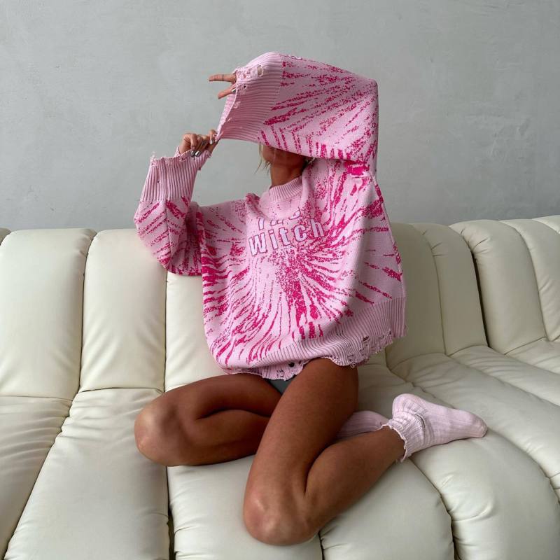 Sweaters- Oversized Distressed Knit Sweater- Pink- IndioGear Clothing and Gear