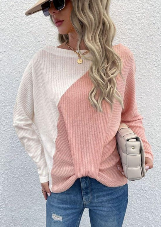 Sweaters- Playful Two Tone Sweater: Women's Round Neck Knitwear- - Pekosa Women Clothing