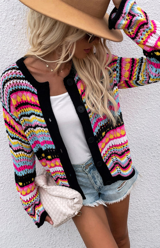 Sweaters- Rainbow Crochet Button-down Sweater- - IndioGear Fashion and Gear