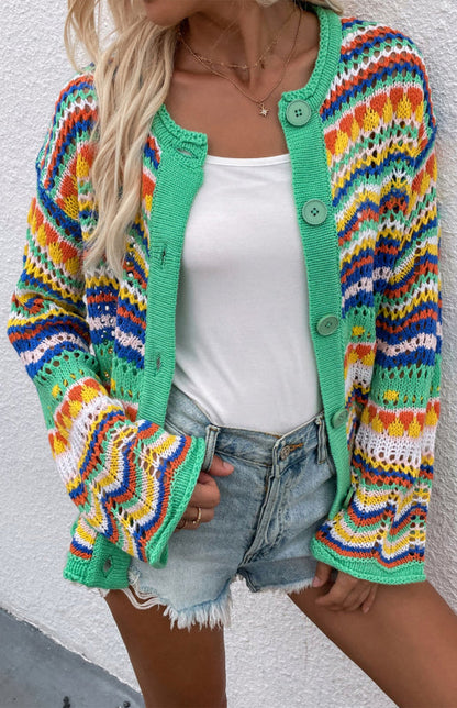 Sweaters- Rainbow Crochet Button-down Sweater- - IndioGear Fashion and Gear