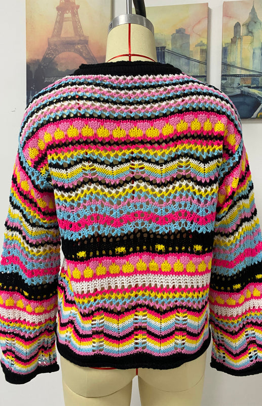 Sweaters- Rainbow Crochet Button-down Sweater- - IndioGear Fashion and Gear