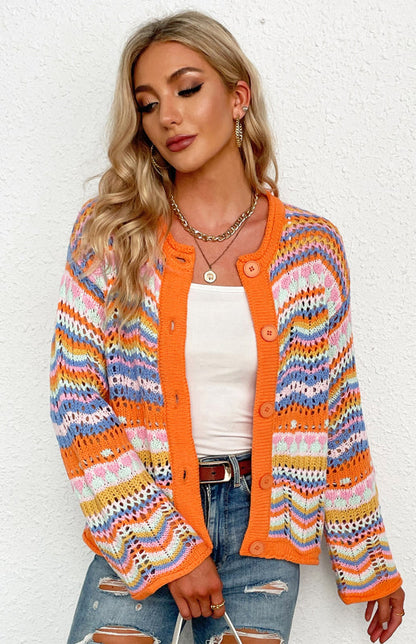 Sweaters- Rainbow Crochet Button-down Sweater- - IndioGear Fashion and Gear