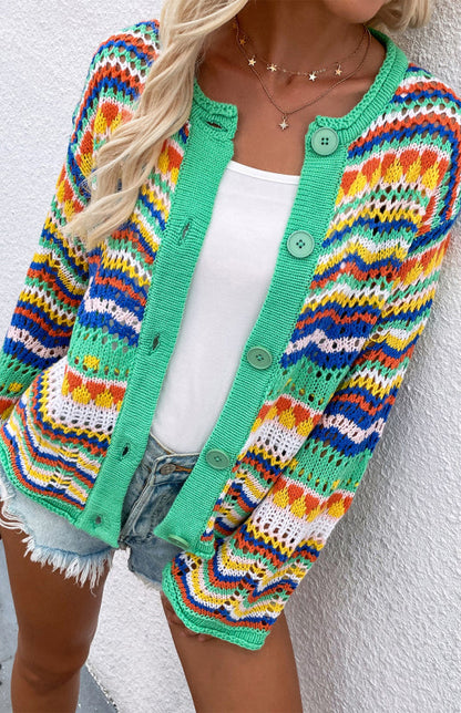 Sweaters- Rainbow Crochet Button-down Sweater- - IndioGear Fashion and Gear