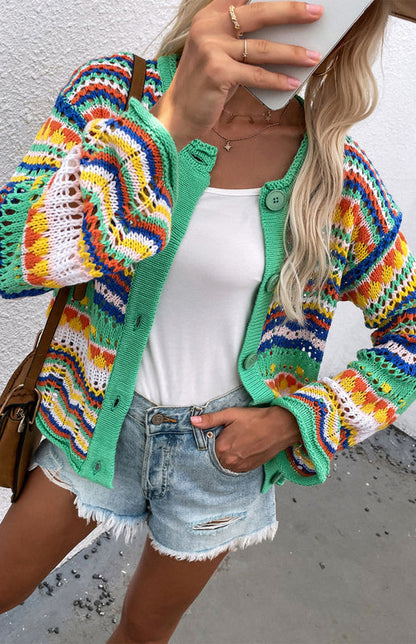 Sweaters- Rainbow Crochet Button-down Sweater- - IndioGear Fashion and Gear