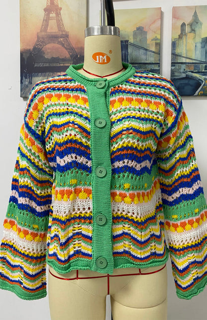 Sweaters- Rainbow Crochet Button-down Sweater- - IndioGear Fashion and Gear