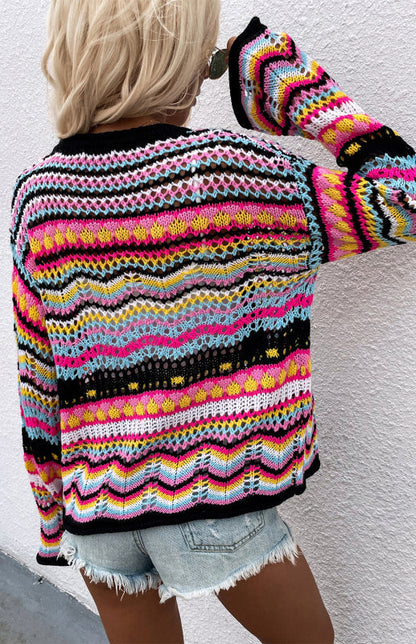 Sweaters- Rainbow Crochet Button-down Sweater- - IndioGear Fashion and Gear