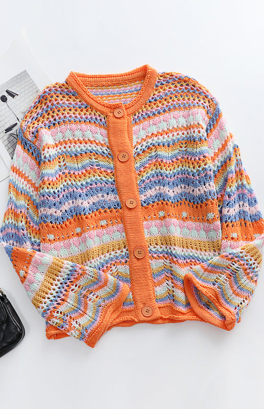 Sweaters- Rainbow Crochet Button-down Sweater- - IndioGear Fashion and Gear